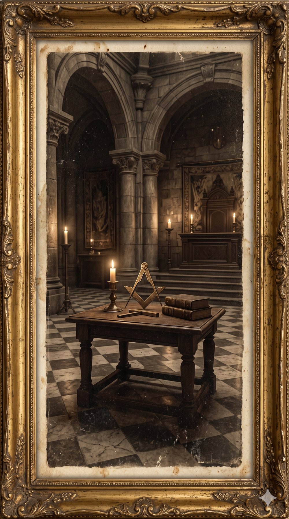 Interior de un templo masónico antiguo en fotografía sepia enmarcada: escuadra y compás sobre una mesa a la luz de las velas